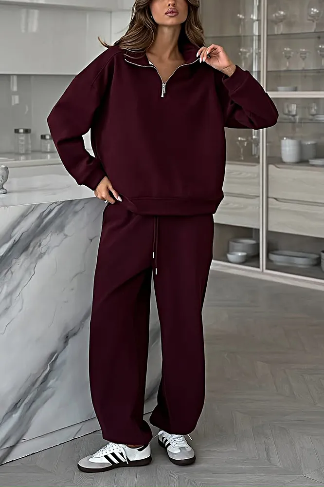 Women's Solid Color Half Collar Top & Pants Two Piece Set