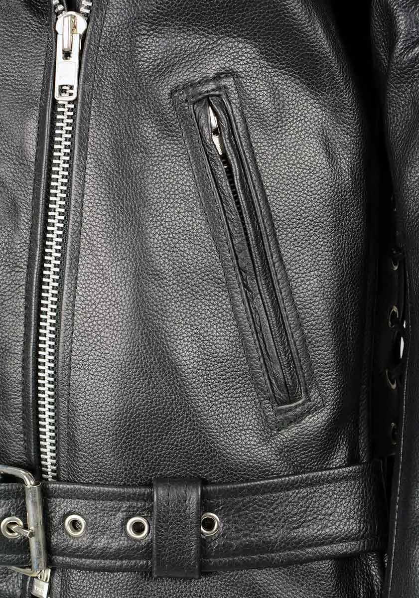 Leather LKL2700 Women's Classic Black Premium Leather Motorcycle Vintage Jacket with Side Laces