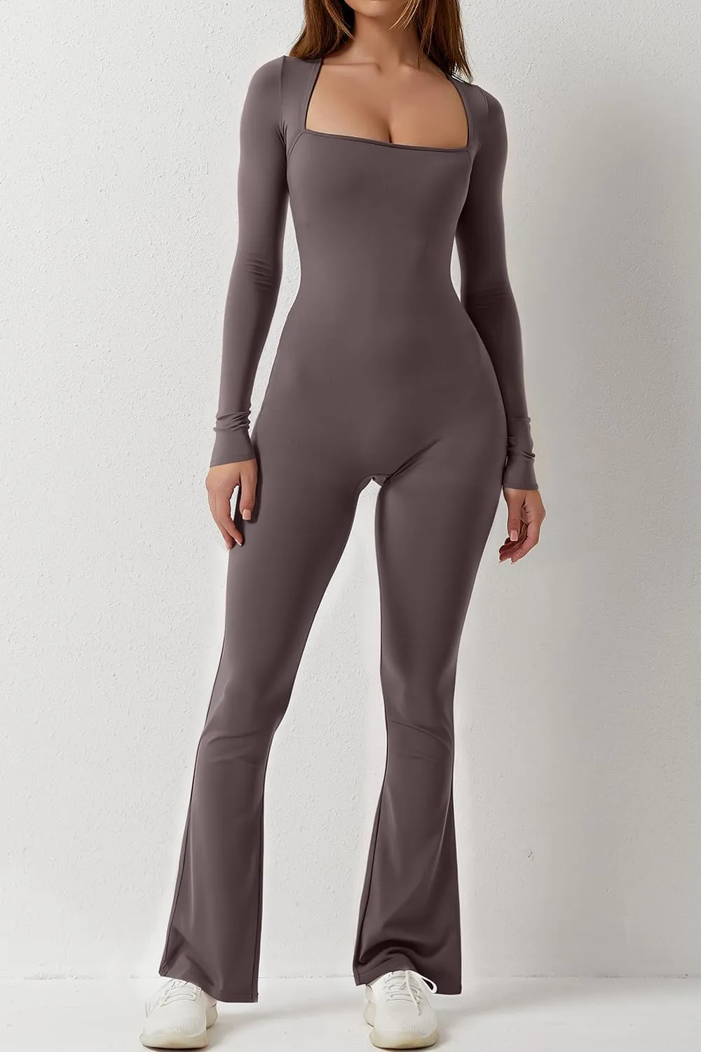 Long Sleeve Jumpsuits for Women Square Neck Wide Leg Full Length Romper Playsuit