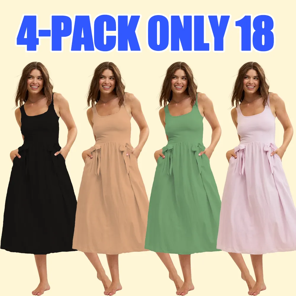 Women's Sleeveless Tank Midi Dress with Bow Detail and Pockets – Casual Summer Lounge Dress