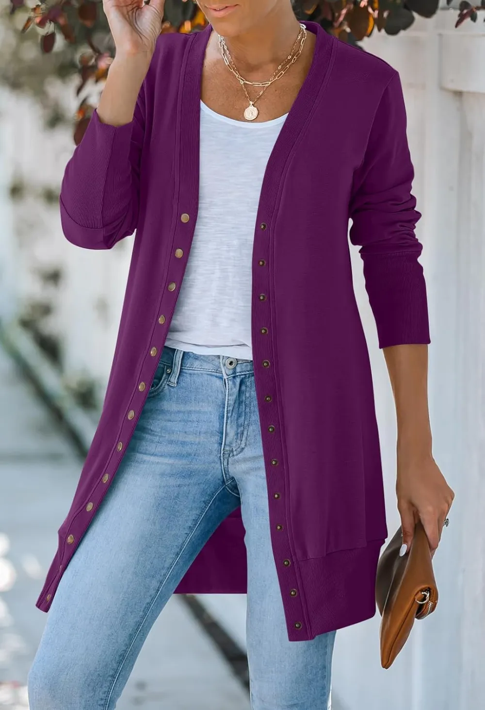 Women's 2024 Fall Long Sleeve Snap Button Down Solid Color Knit Ribbed Neckline Cardigans