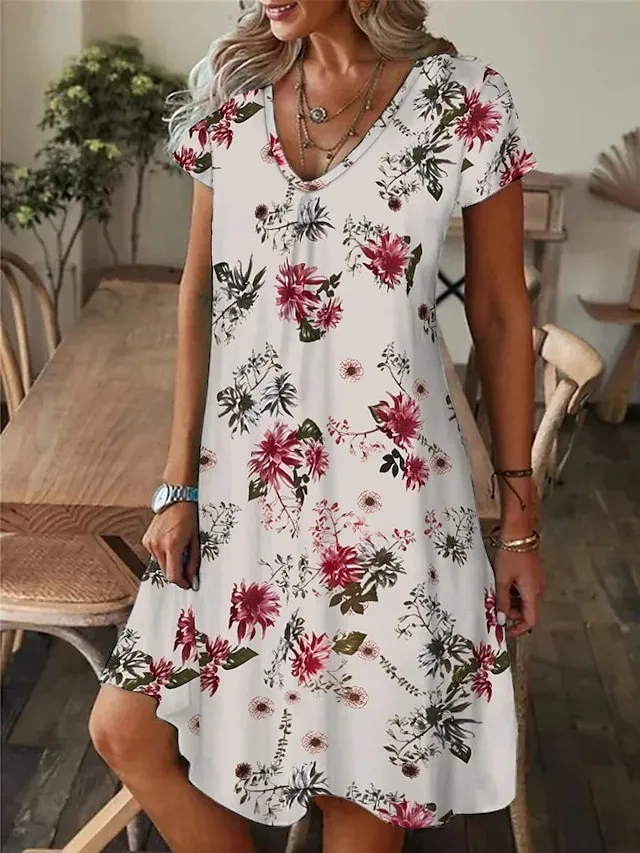 Women's Floral Leaf Print V Neck Midi Dress Daily Vacation Short Sleeve Summer Spring