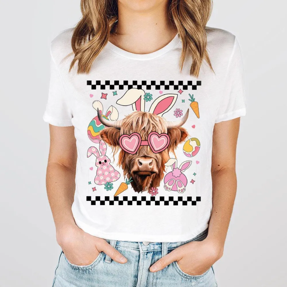 Easter Bunny Highland Cow Eggs Printed Round Neck Short Sleeve T-Shirt