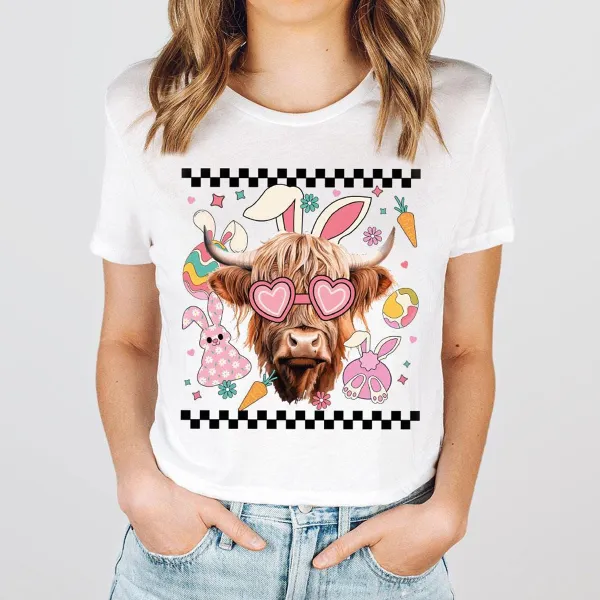 Easter Bunny Highland Cow Eggs Printed Round Neck Short Sleeve T-Shirt