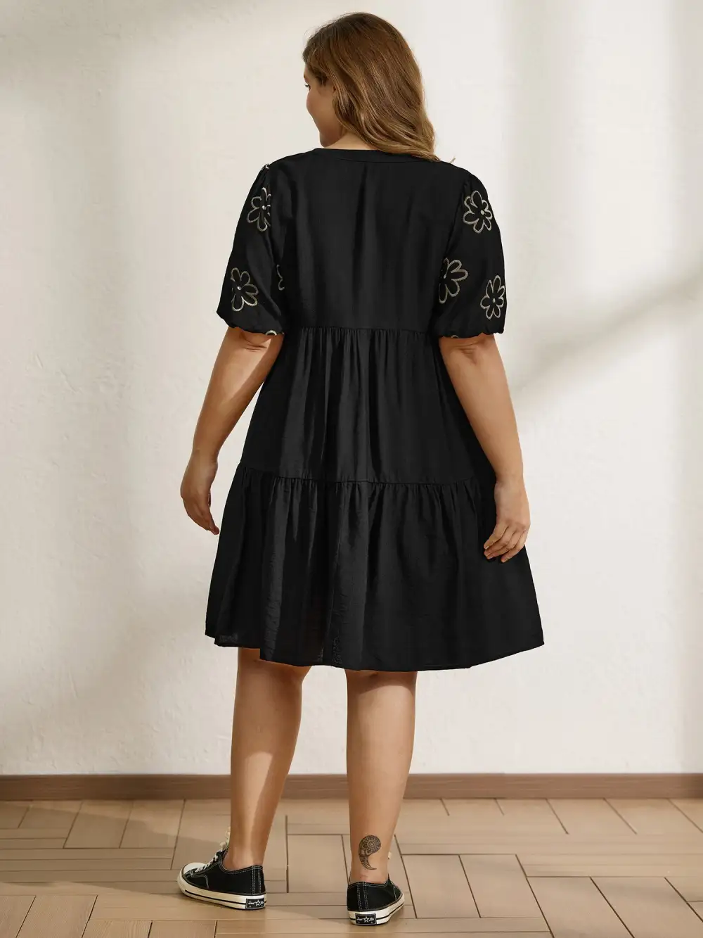 Floral Embroidered Sleeve A-Line Midi Dress