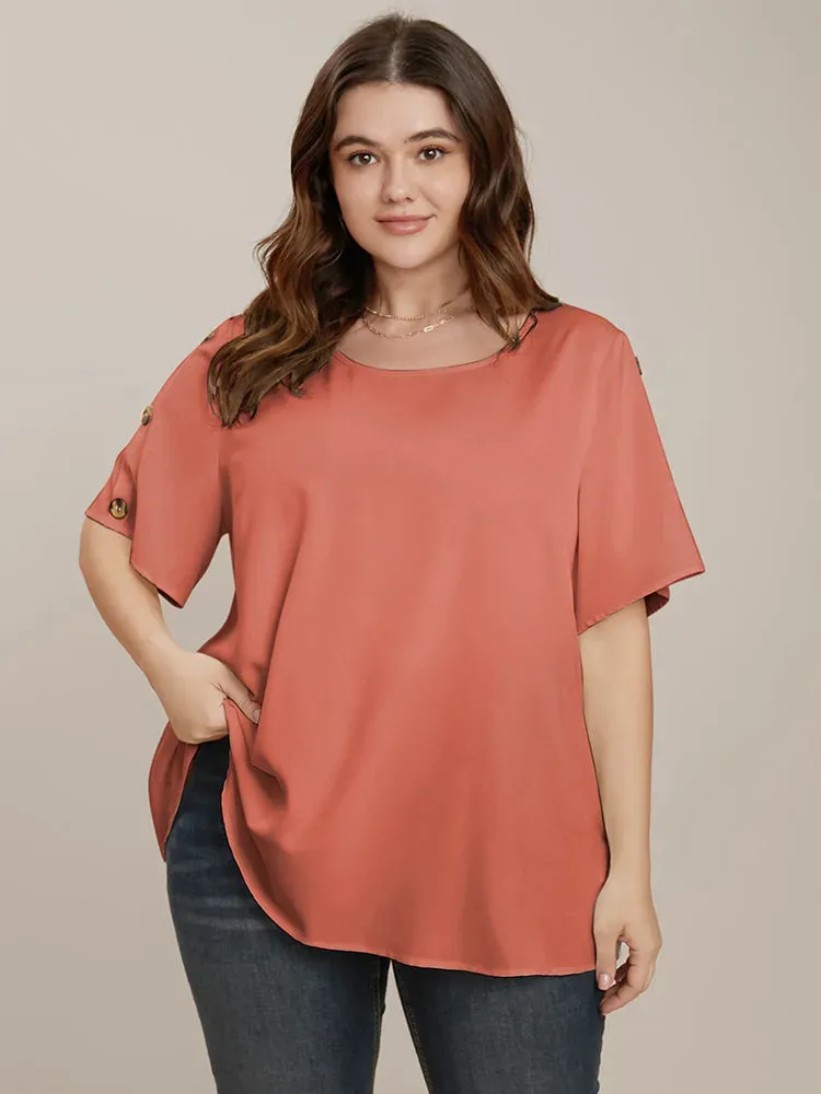 Plain Round Neck Button Detail Blouse