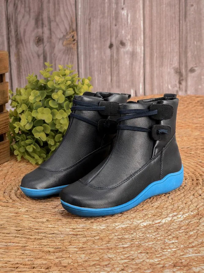 Vintage Women Casual Braided Strap Breathable Lether PU Flat Heel Classic Boots