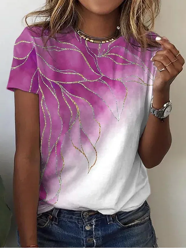 Crew Neck Ombre Color Block Leaves Floral Casual Cotton-Blend T-Shirt/Tee