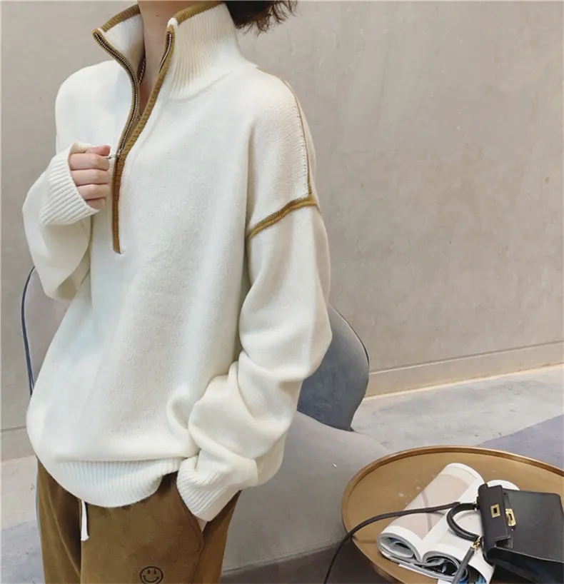 Stand Collar Zip Colorblock Loose Fashion Sweater
