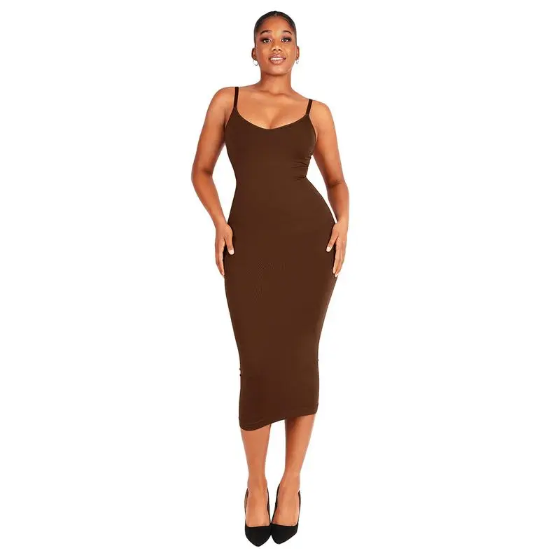 Women’s Seamless V-Neck Maxi Dress with Built-in Shaper-Spaghetti Strap