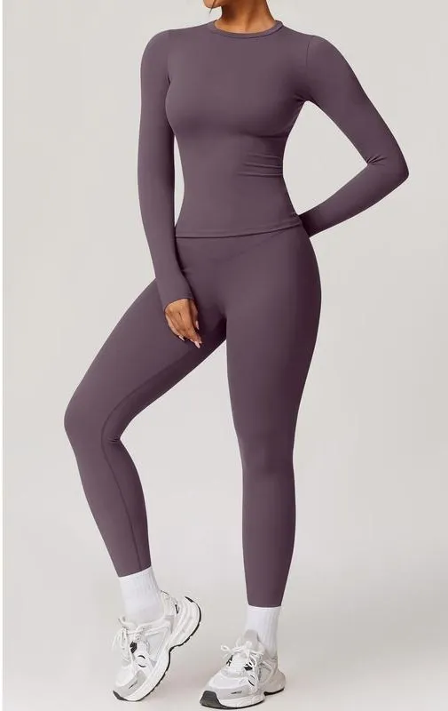 Women's Solid Color Tracksuit Set- Long Sleeve Tee & Leggings