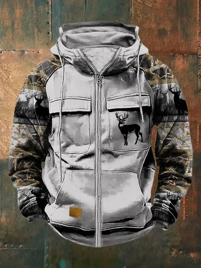 Men's Vintage Western Deer Print Multi-Pocket Jacket