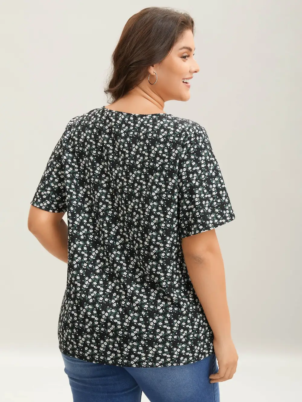 Floral Ruffle Sleeve Gathered Round Neck Blouse