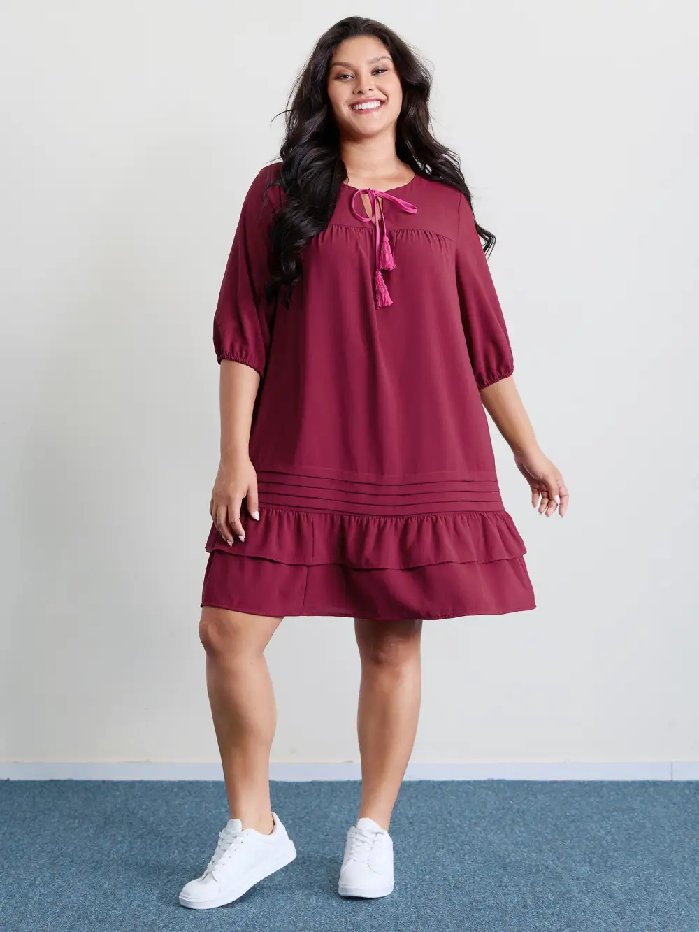 Stretchy Waist Tiered Tie Knee-Length Dress