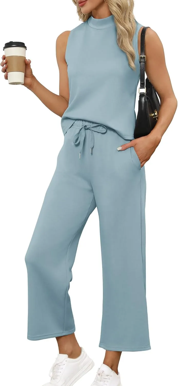 Two Piece Sets for Women Summer Outfits Lounge Sets Mock Neck Tops Wide Leg Crop Pants Vacation Travel Outfits