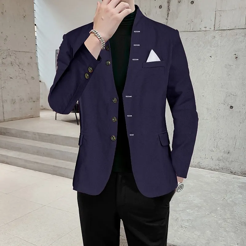 Men's Party Stand Collar Button Design Chest Pocket Blazer