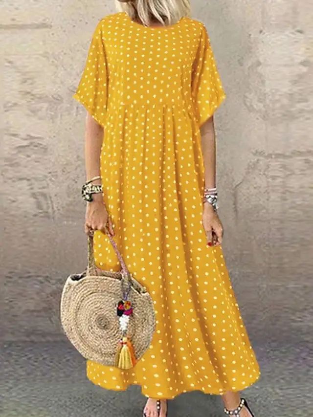 Women's Casual Dress Swing Dress Polka Dot Dress Long Dress Maxi Dress Green Blue Yellow Short Sleeve Polka Dot Print Spring Summer Crew Neck Basic Daily Weekend Loose Fit 2023 L XL XXL 3XL 4XL 5XL