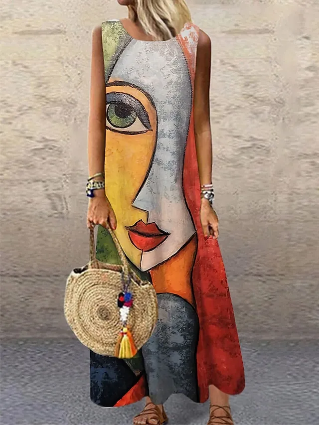 Women's Casual Dress Shift Dress Long Dress Maxi Dress Blue Purple Yellow Sleeveless Color Block Print Spring Summer Crew Neck Modern Daily Vacation Summer Dress Regular Fit 2023 S M L XL XXL 3XL