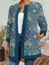 Women's Casual Lightweight Coat Open Front Work Print Geometric Comfortable Boho Vintage Regular Fit Long Sleeve With Pocket Outerwear Long Sleeve Fall Lake blue S