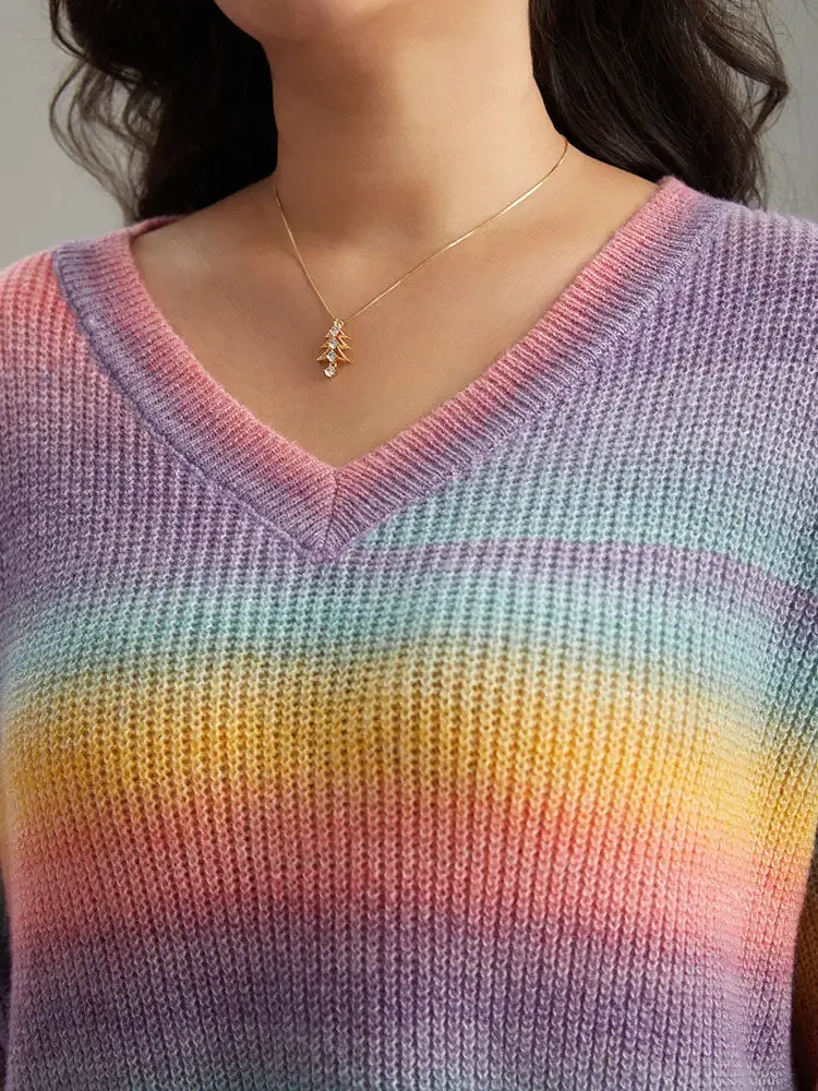Rainbow Ombre V Neck Loose Pullover