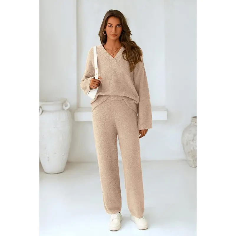 Women's 2-Piece Lounge Set – V Neck Top & Wide Leg Pants