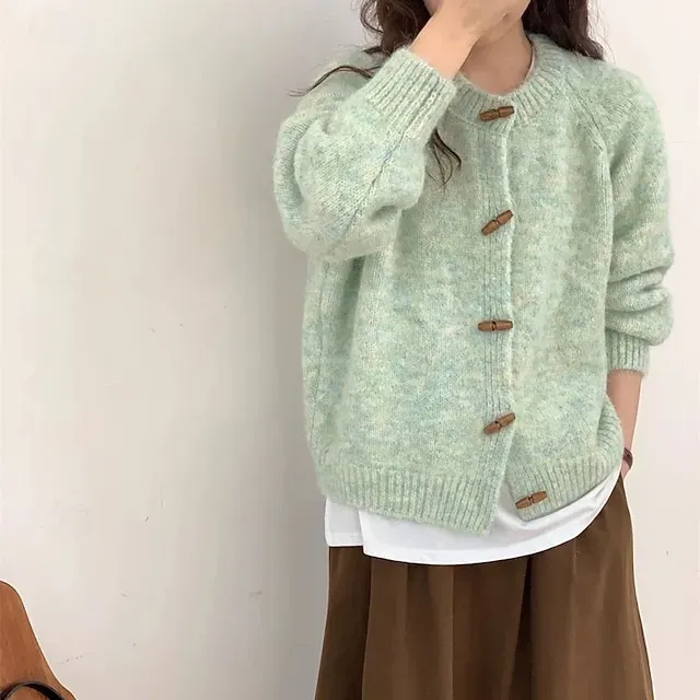 Women's Sweater Cardigan Elegant Fashion Streetwear Pure Color Crew Neck Pocket Knitted Long Sleeve Regular Tops Knit Outdoor Daily Weekend Yellow Light Green Fall Winter