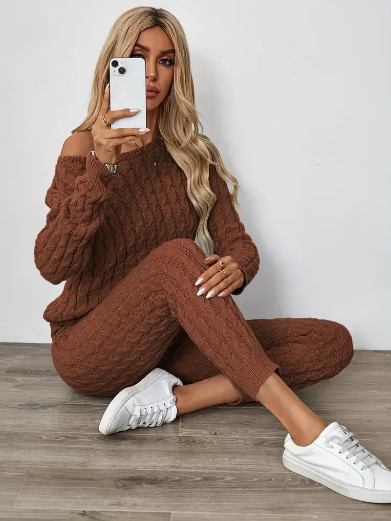 Solid Knitted Matching Two-piece Set, Casual Long Sleeve Sweater & Pants Outfits, Women's Clothing