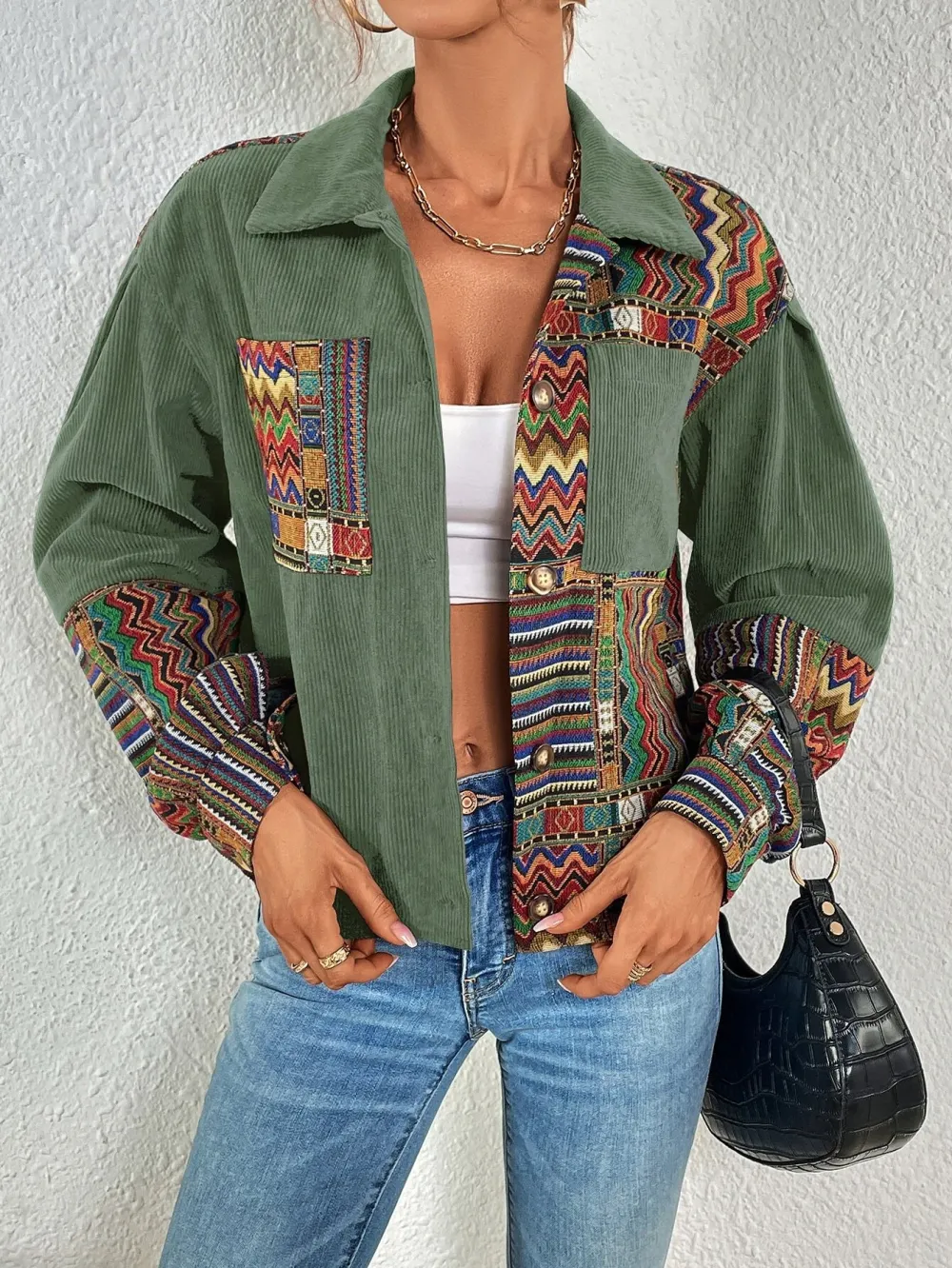 Geo Print Drop Shoulder Corduroy Jacket
