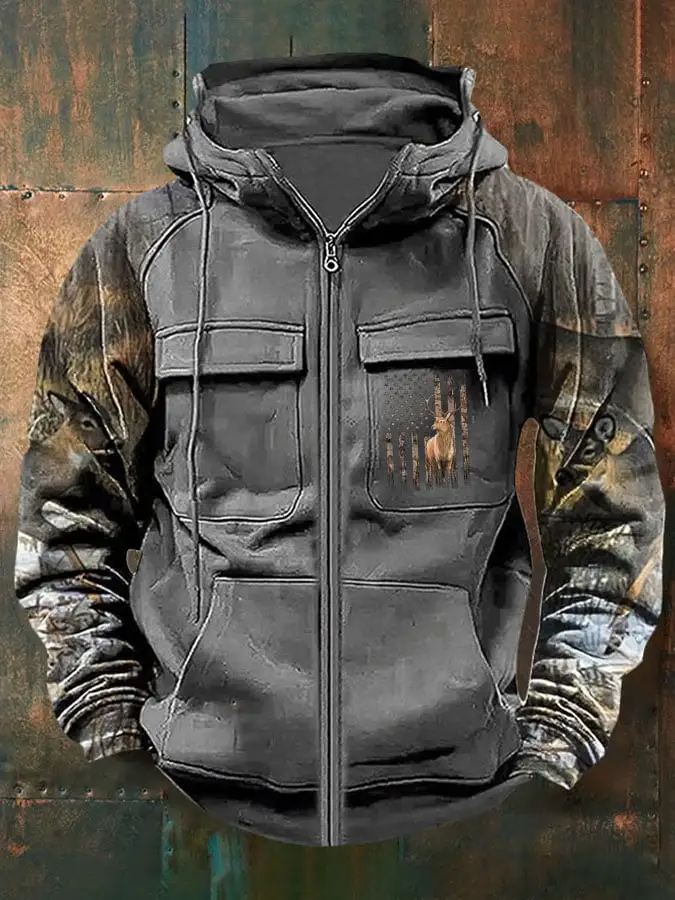 Men's Vintage Western Deer Print Multi-Pocket Jacket