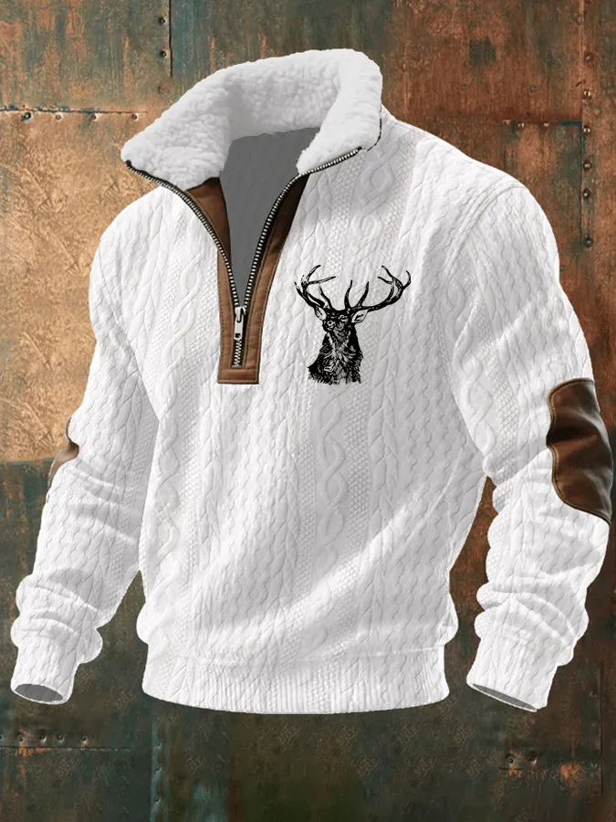 Men's Retro Elk Heat Transfer Jacquard Fabric Zipper Fur Collar Long Sleeve Sweatshirt