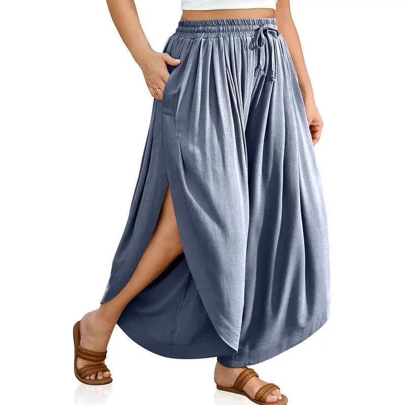 Women’s Linen Split Skirt Pants-High Waist, Wide-Leg, Boho Beachwear