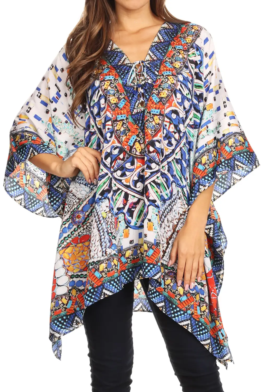 Women's Caftan Poncho Cover up V neck Top Lace up With Rhinestone