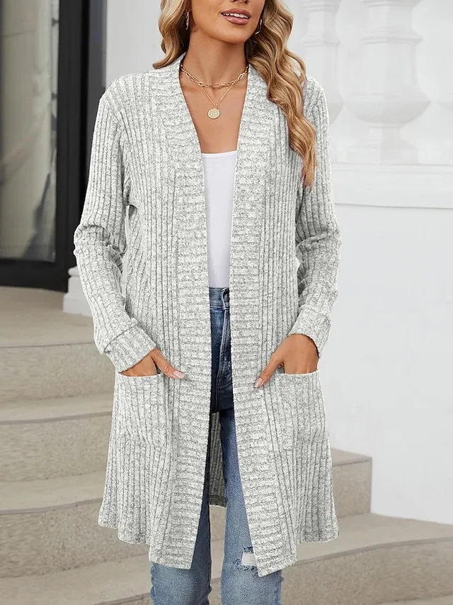 Women's Cardigan Open Front Knit Polyester Pocket Spring Fall Regular Daily Daily Long Sleeve Solid Color