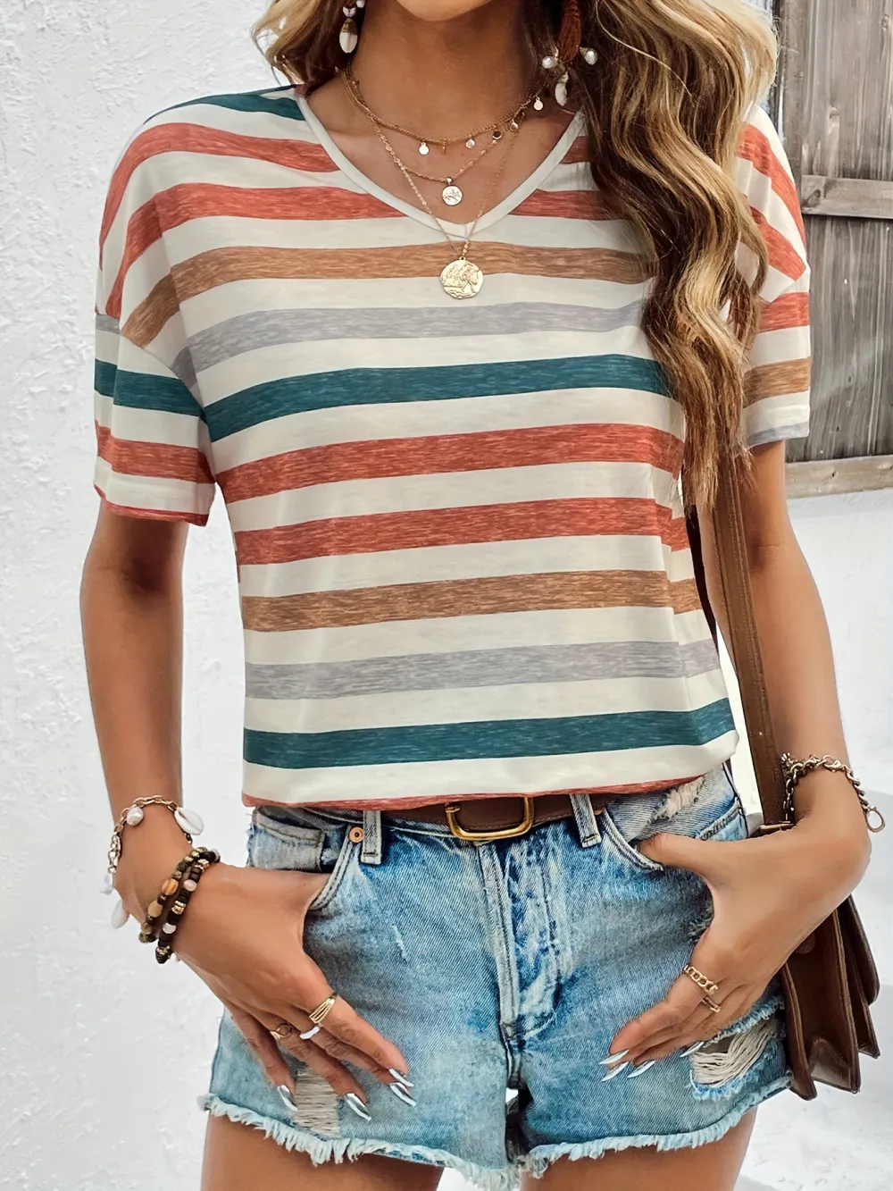 Women's Chic Vintage Striped V-Neck Tee - Stretchy, Durable & Perfect for Everyday Spring/Summer Comfort
