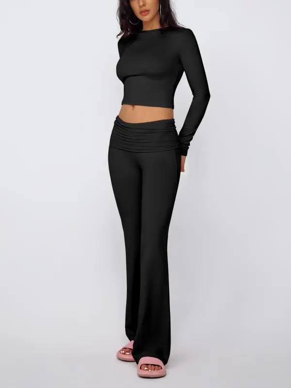Women's Summer 2-Piece Set: Long-Sleeve Crop Tee + Fold-Over Waist Flare Leg Pants (Casual Elegant)