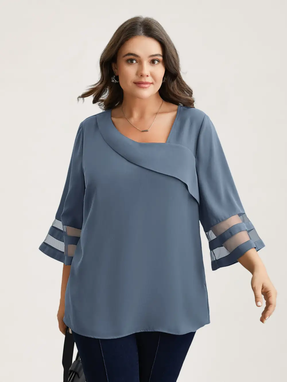 Sheer Sleeve Patchwork Asymmetrical Neckline Blouse
