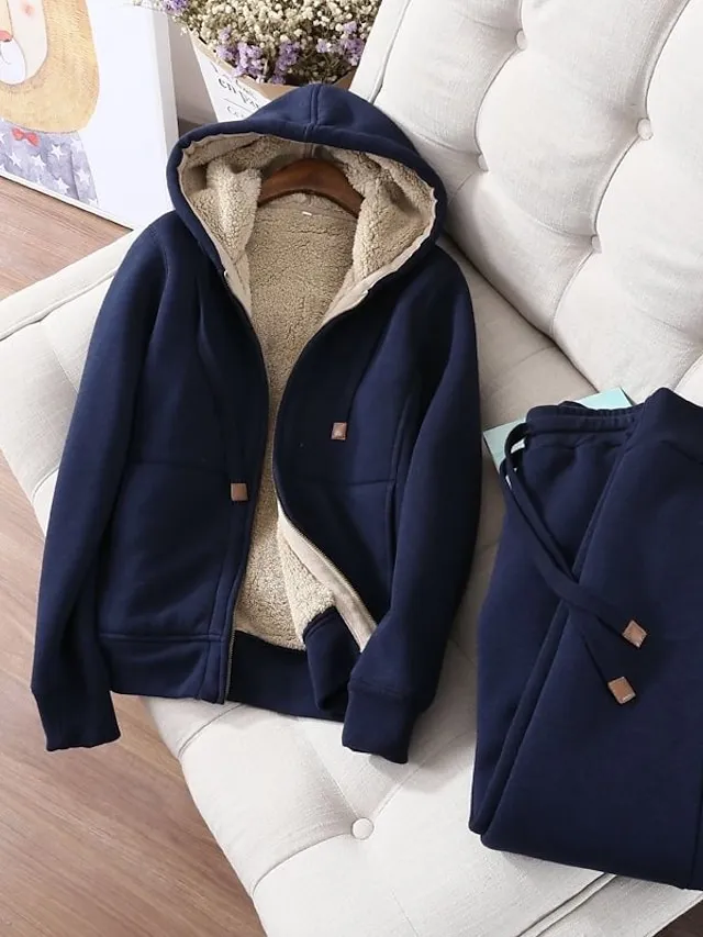 Women's Sweatshirt Tracksuit Pants Sets Black Red Blue Solid Color Zipper Drawstring Long Sleeve Sport Vacation Streetwear Sherpa Fleece Teddy Hooded Regular Fit Fall & Winter