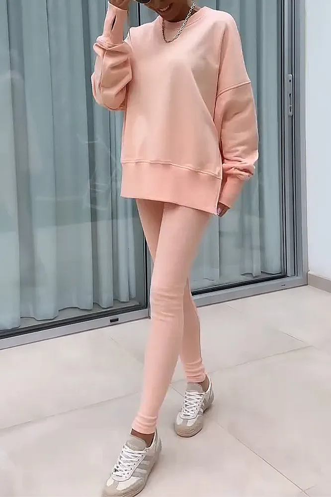 Women's solid color round neck top and pants two-piece set