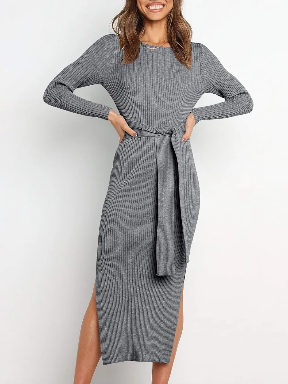 Long Sleeve Sweater Dress Crew Neck Slim Fit Slit Tie Waist 2024 Ribbed Knit Bodycon Midi Dress Fall Outfits