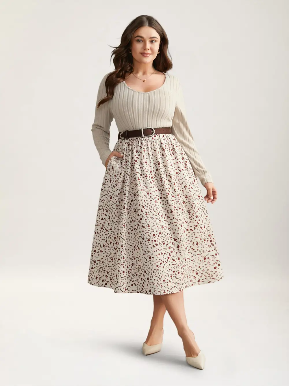 Ditsy Floral Patchwork Texture Midi Dress