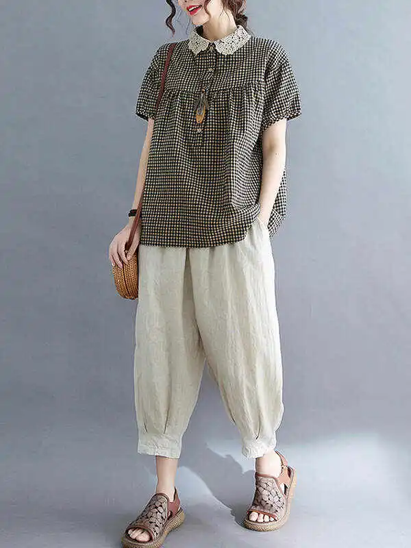 Cotton Blend Plaid Polo Puff Sleeve T-Shirts Tops