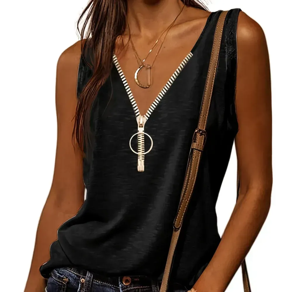 Casual V-neck Zipper Cami Top, Solid Fashion Sleeveless Loose Summer Fit Tank Top, Women's Clothing