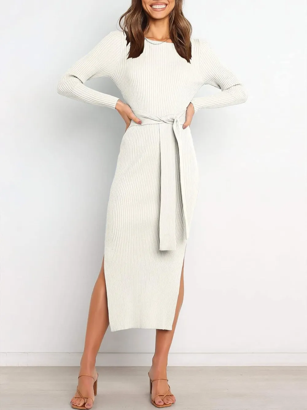 Long Sleeve Sweater Dress Crew Neck Slim Fit Slit Tie Waist 2024 Ribbed Knit Bodycon Midi Dress Fall Outfits