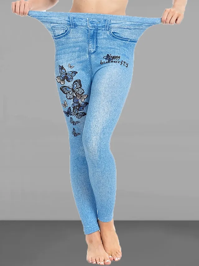 Women's Slim Pants Trousers Leggings Faux Denim Butterfly Pocket Print Full Length High Elasticity High Waist Fashion Streetwear Street Causal Lake Blue Royal Blue S M Summer Fall