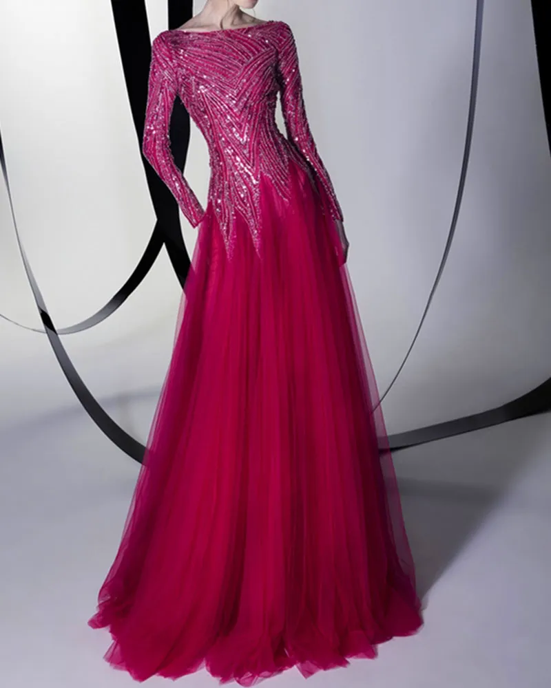 Crew Neck Sequins Mesh Yarn Dress