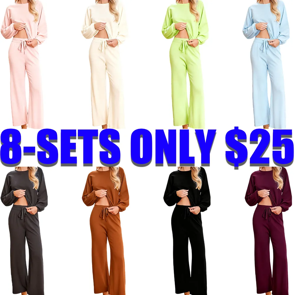 Womens Fall Winter Casual Solid Knitted 2 Piece Sets Long Sleeve Hoodie