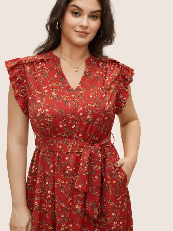 Floral Print Frill Notched Flutter Sleeve Dress