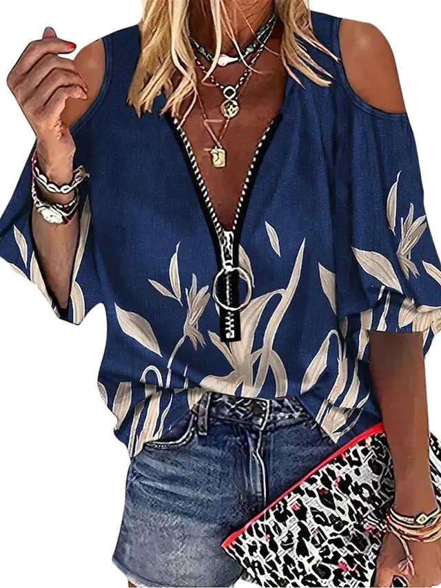 Women's Shirt Blouse Tie Dye Dandelion Print Quarter Zip Casual Basic Half Sleeve Half Zip V Neck Black