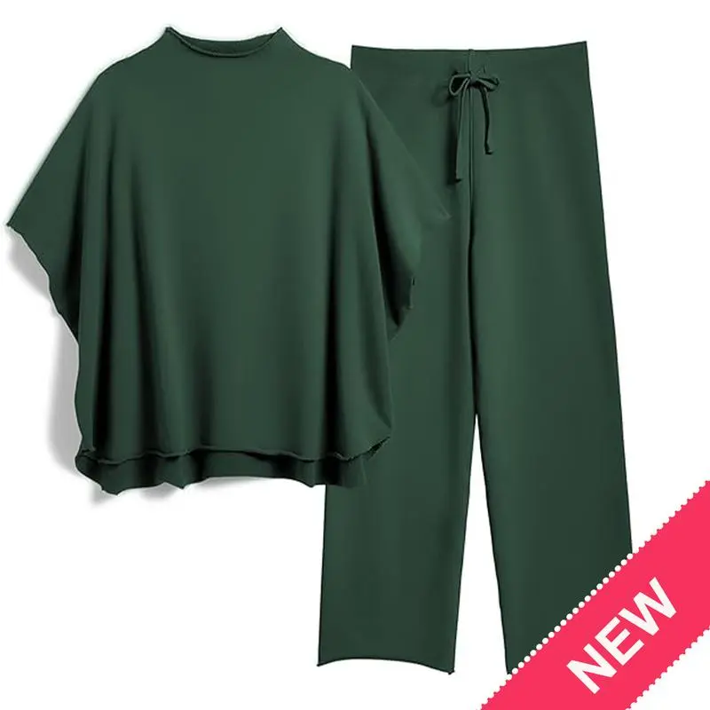 Women’s 2-Piece Lounge Set, Batwing Sleeve Pullover Top & Wide Leg Pants, Travel Outfit