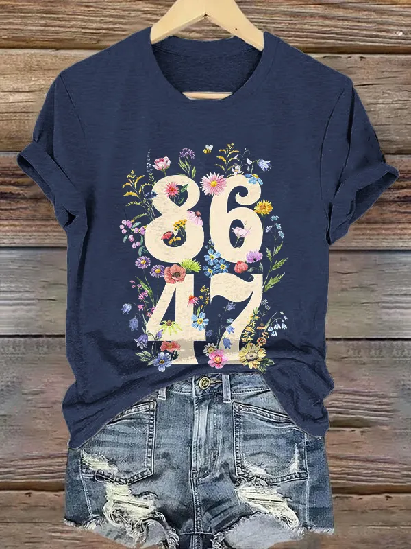 Women'S T-Shirt Vintage Flowers 86 47 Printed T-Shirt Round Neck Pure Cotton Short Sleeves